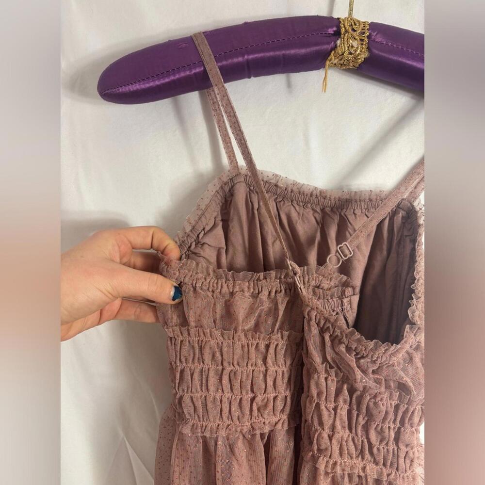 Dusty Rose Glitter Polka Dot Babydoll Cross back Mesh Fairy Midi Dress Size S-M - Picture 12 of 14